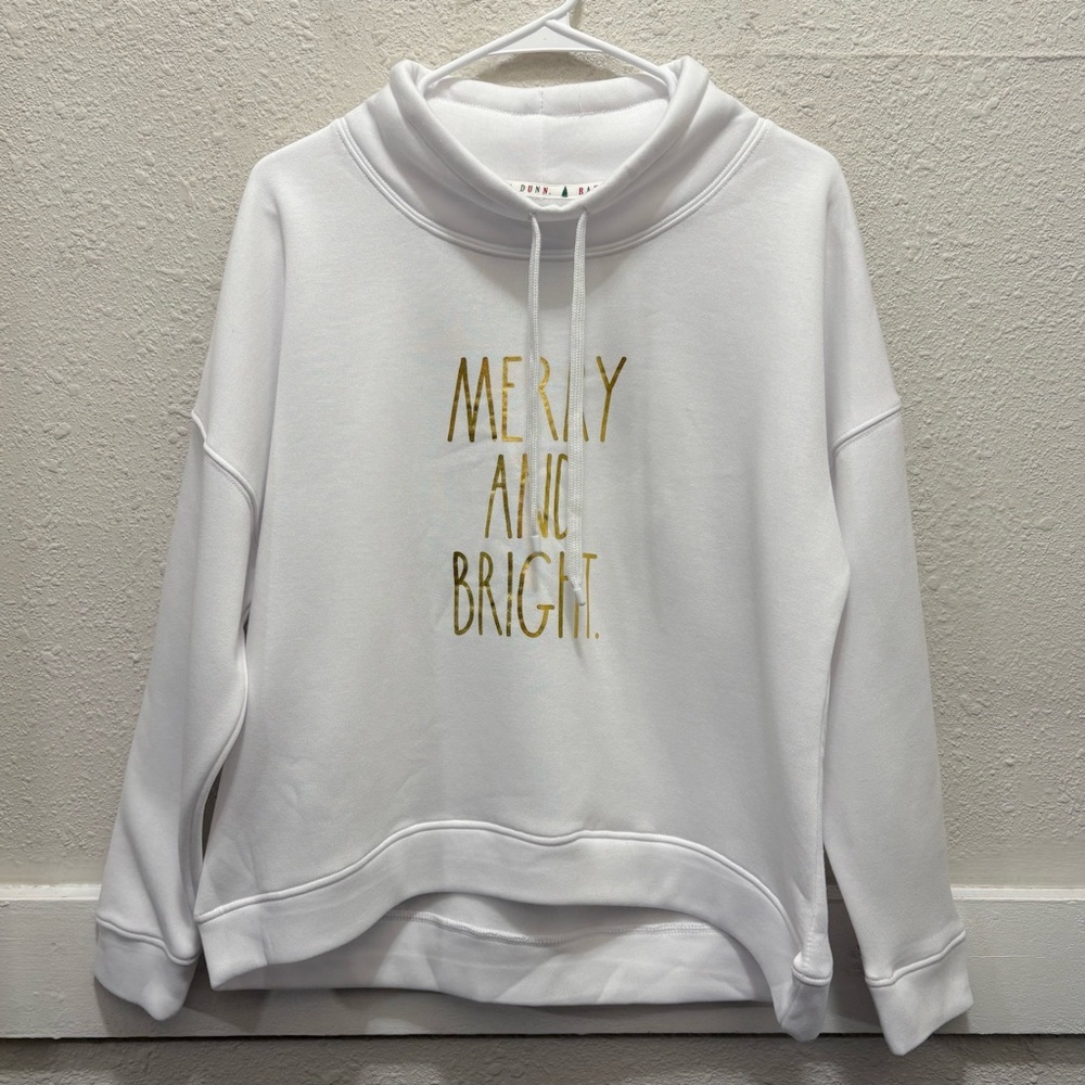 Rae Dunn White and Gold "Merry and Bright" Cowl Neck Sweatshirt Size Small